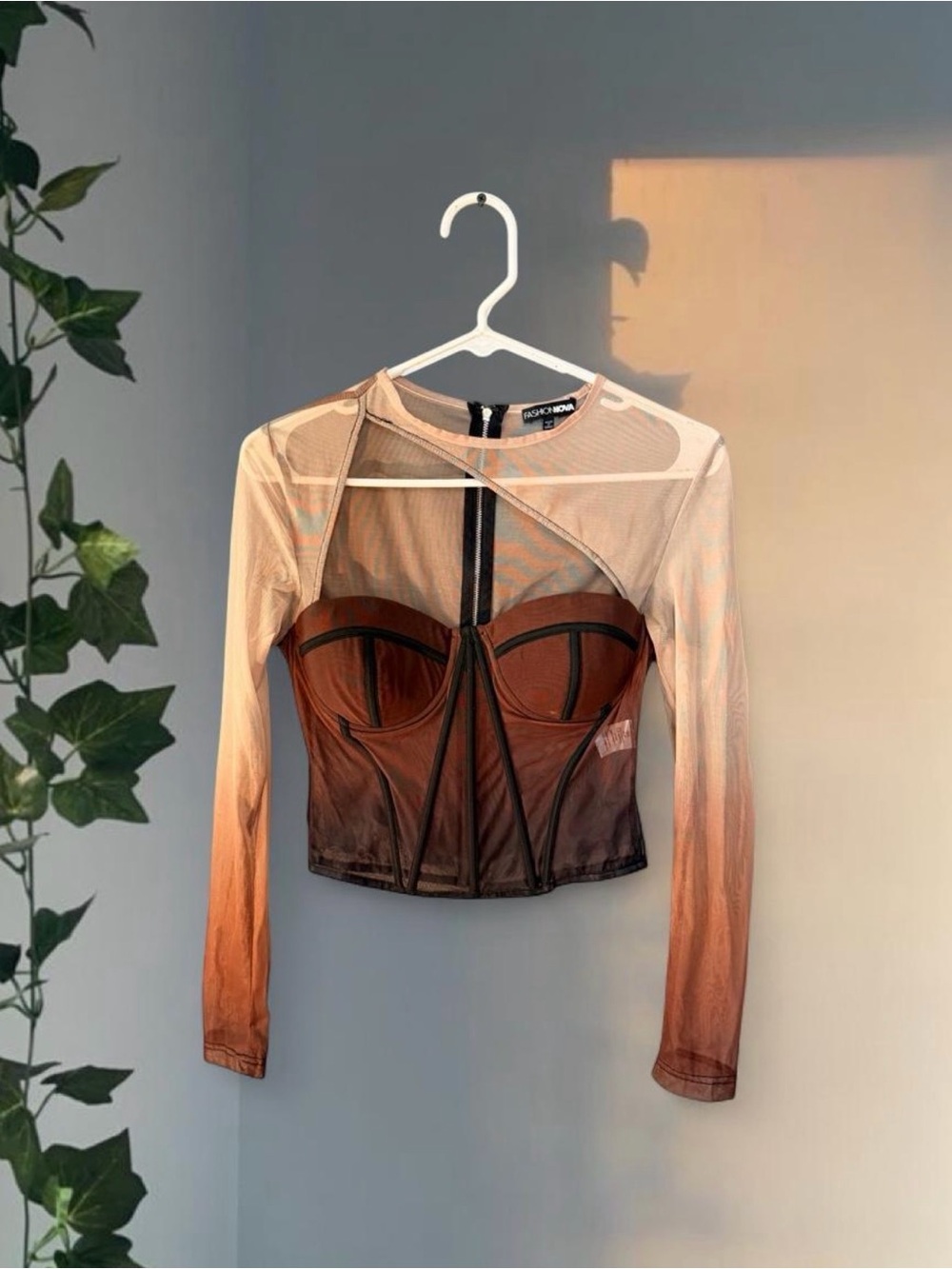 Fashion Nova Brown Ombre Mesh Long-Sleeve Corset Top